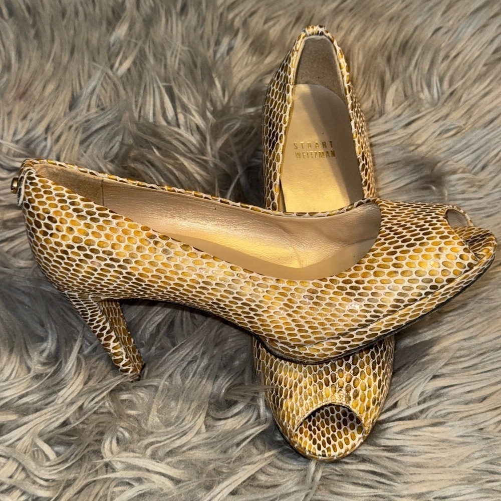 Stuart Weitzman Snakeskin Print Leather Logo Plainfield Platform Pump Size 8